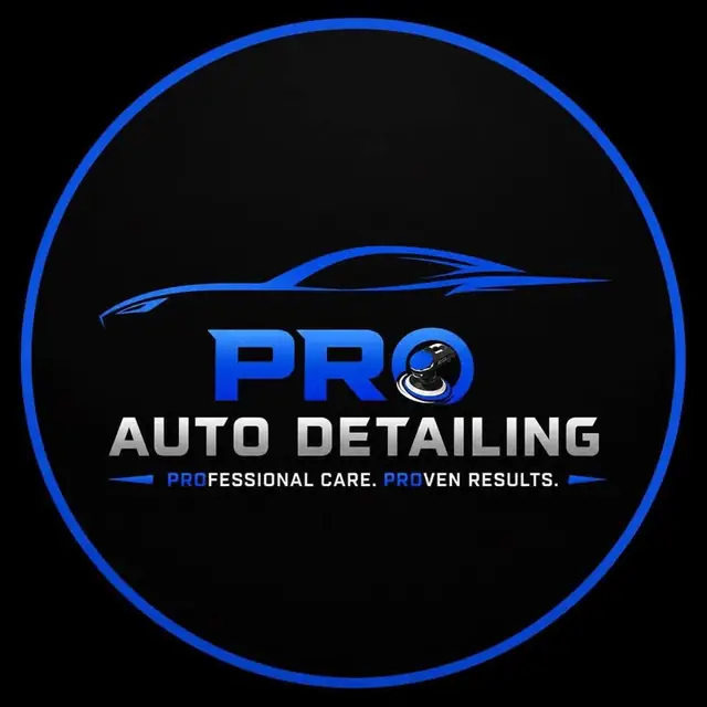 Pro Auto Detailing logo: the PRO mark in a black disc with a blue ring